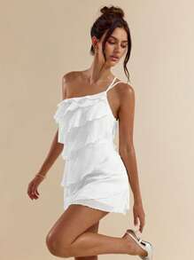 Solid Apricot Mini Dress With Lotus Leaf Overlay Suitable For Daily Dates, Nights Out, Nightclubs, Parties, Meetings, Cocktail Parties, Pool Parties, HAL2 - Blanco - View 3