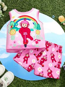 Teletubbies X SHEIN 2pcs Baby Girl Cute Gradient Pink Cartoon Po Pattern Tank Top & Shorts Set, Summer