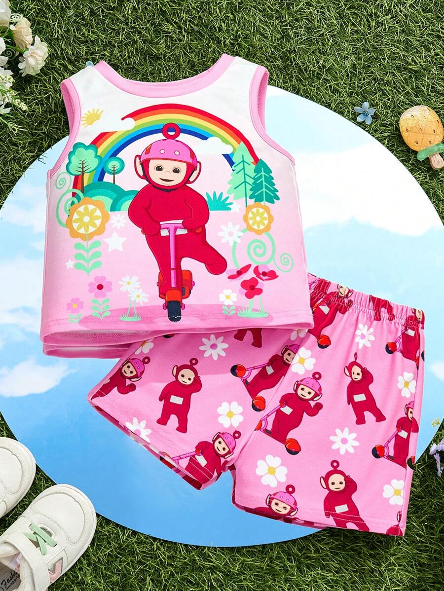 Teletubbies X SHEIN 2pcs Baby Girl Cute Gradient Pink Cartoon Po Pattern Tank Top & Shorts Set, Summer