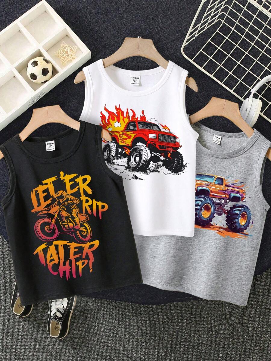 3pcs/Set Monster Truck Graphic Pack Of Casual Sleeveless Tanks For Young Boys, Summer, School, Campus, College