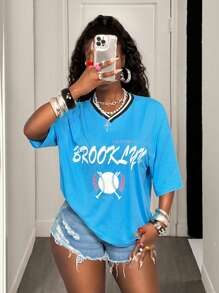 BamGleam Women V-Neck Black And White Contrast Color Letter Print Casual Blue T-Shirt