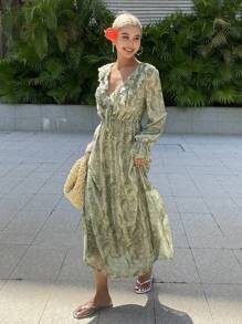 Vacation Beach Boho Ditsy Floral & Plant Print Chiffon Midi Dress With Ruffle Hem And V-Neck,Fall Dress Long Sleeve Dress - Avocado Green - View 6