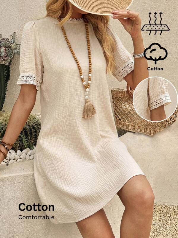 EMERY ROSE Women's Summer Lace Patchwork Short Sleeve Mini Dress, Elegant & Versatile, Comfortable