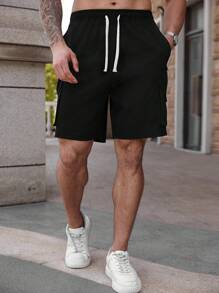 Manfinity Homme Plus Size Men's Solid Color Drawstring Waist Casual Cargo Shorts, Suitable For Spring/Summer