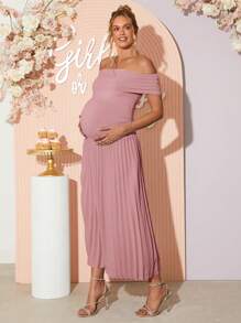 Loomaby 孕妇纯色露肩褶边优雅连衣裙 - 粉色 - 查看 6