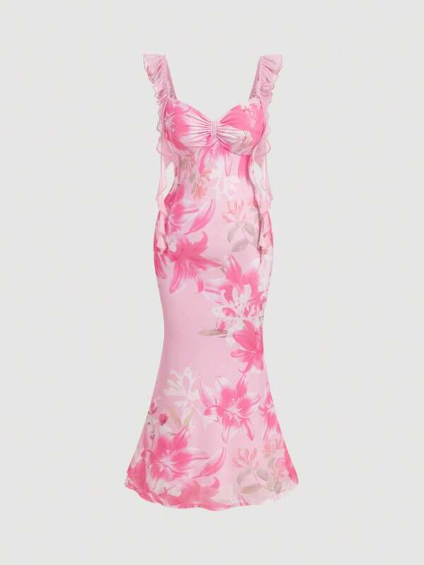 SHEIN MOD Plus Size Women Romantic Floral Print Mini Dress With Ruffle Sleeves,Wedding Guest Summer,Elegant Pink, Romantic Pink Large Flower Pattern, Gentle Ribbon Design,Flowy Dress