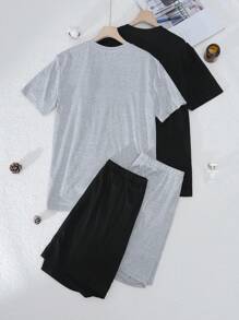 SHEIN Men Solid Color V-Neck Short Sleeve Top And Shorts Pajama Set,2 Set - Multicolor - View 2