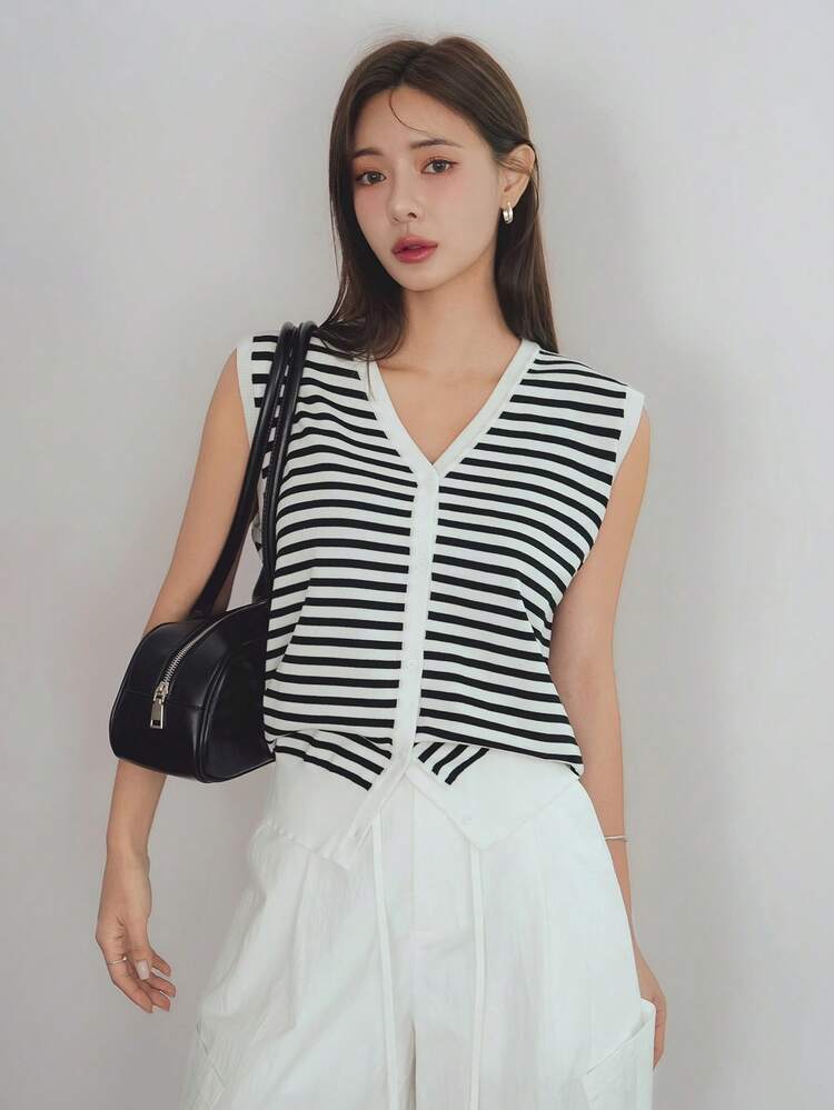 Women Casual Loose Striped Color Block V Neck Cardigan Knit Top, Summer