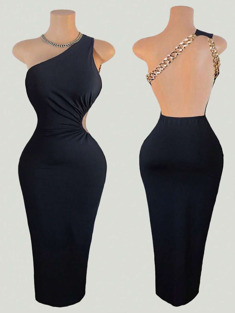 BamGleam Solid Color Backless Asymmetric Neckline Elegant Sleeveless Dress - Black - View 1