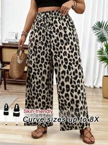 SHEIN CURVE+ Plus Size Women's Leopard Print Wide Leg Pants, Ruffled Hem, Drawstring Waist - Multicolor - View 1