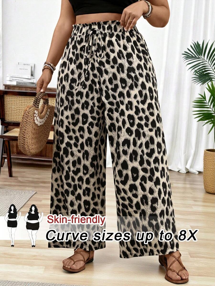 SHEIN CURVE+ Plus Size Women's Leopard Print Wide Leg Pants, Ruffled Hem, Drawstring Waist - Multicolor - View 1
