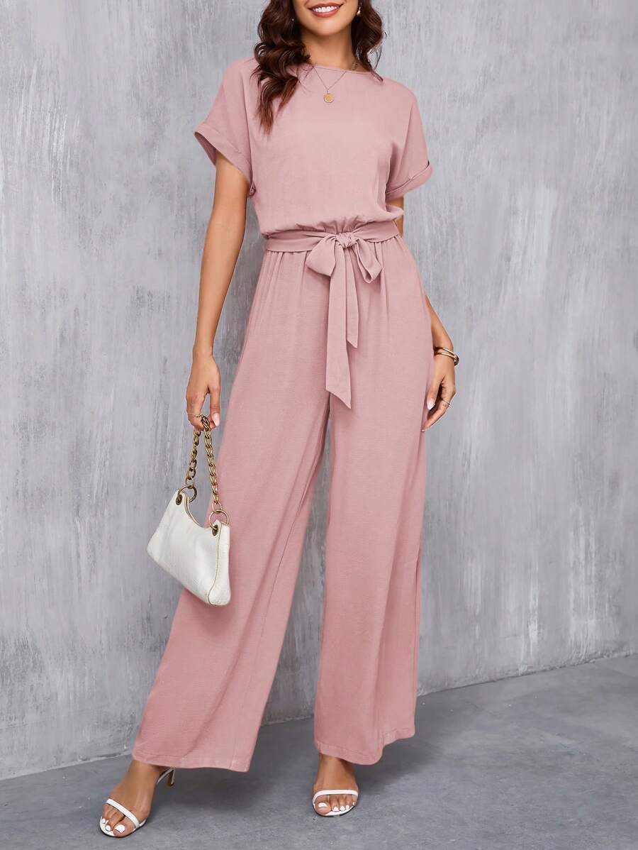 SHEIN Clasi Women's Elegant Round Neck Waist Belted Wide Leg Jumpsuit - Pink - View 1