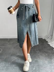 Breezaya Women Casual Tie Waist Open Hem Cargo Pocket Denim Mid-Length Skirt - Blue - View 4