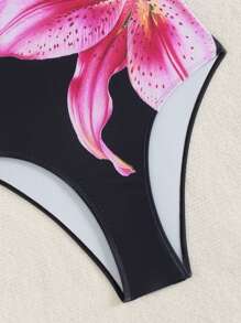 Traje de baño de una pieza con estampado digital floral tropical de lirio para adolescentes, estilo de una pieza, de moda europea y americana, adecuado para vacaciones, natación, playa de verano - Negro - Ver 3