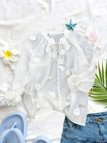 DAZY 女士度假风格花卉印花长袖衬衫，秋季女装 - 白色 - 查看 7