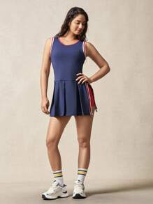 VARSIVA Women's Navy Blue Sleeveless Tennis Dress With Pleated Mini Shorts And Round Neckline - Navy Blue - View 8