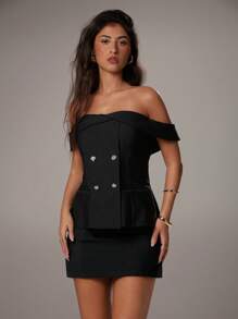 Avantive Summer Women Elegant Black Off Shoulder Top For Dinner Date,Prom,Formal,Wedding Guest,Cocktail,Business Casual,Office,Old Money,Bodycon,Fitted,Classy - Black - View 4