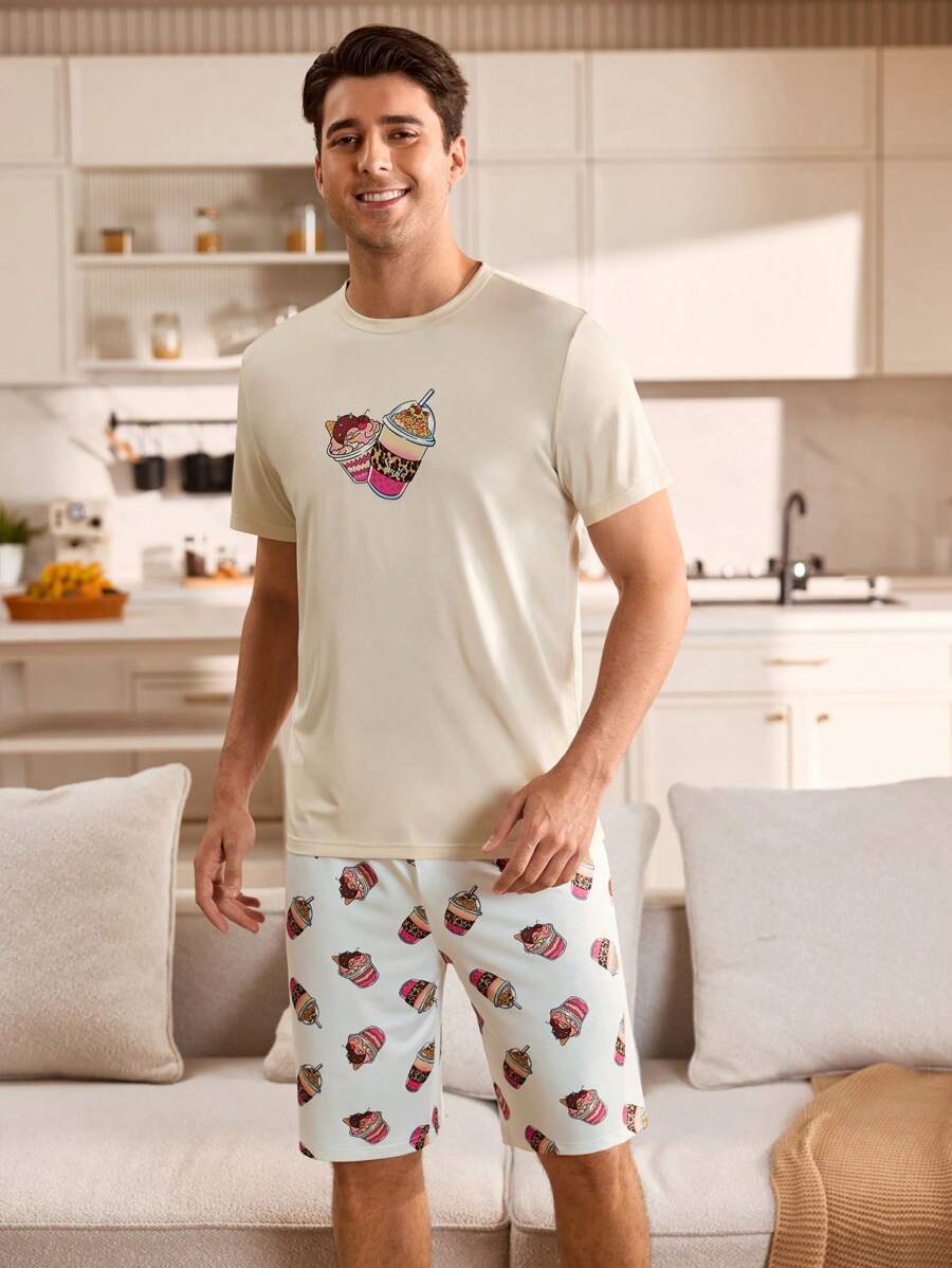 SHEIN 2pcs/Set Men Graphic Print Crew Neck Short Sleeve Top And Shorts Pajama Set - Apricot - View 1