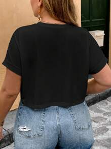 SHEIN VCAY Áo thun cổ tròn tay ngắn thêu hoa cỡ lớn cho nữ - màu đen - Xem 2