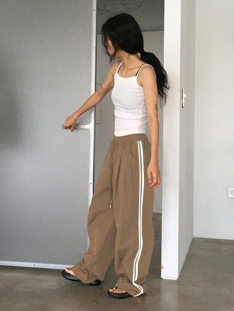 Women's Elastic Waist Patchwork Tape Loose Street Style Long Pants, All Season Fall