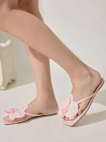 CUCCOO CHICEST Women's Summer New Iris Flower Square Toe Flat Elegant Casual Sweet Light Pink Faux Leather Ladies Flat Sandals Slippers Beach Shoes, Suitable For Afternoon Tea, Dating, Elegant Outfit, Vacation, Beach, Hawaii Island Style