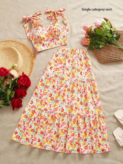 SHEIN VCAY 女士梭织印花系带短款修身吊带背心，春季街头休闲度假风