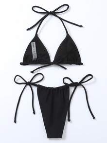 Swim Vcay Summer Beach Solid Bikini Set Halter Triangle Micro Bra & Thong Bottom 2 Piece Bathing Suit - Black - View 6