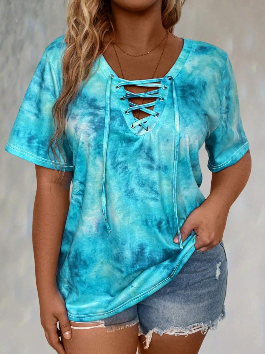 LONESS Plus Size Tie-Dye Printed Drawstring Short Sleeve Summer T-Shirt - Multicolor - View 1