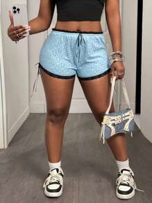Slaydiva 2025 Spring/Summer New Arrival Elegant French Casual Music Festival Easter Western Nomadic Birthday Graduation Student Daily Basic Versatile Leisure Cruise Travel Beach Sunbath Viral Minimalist Casual Blue & Black Lace Trim Hollow Jacquard Tied Side Bow Cute Shorts