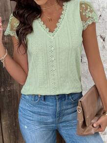 SHEIN Frenchy Dames zomer T-shirt met korte mouwen en kantpatchworkstof