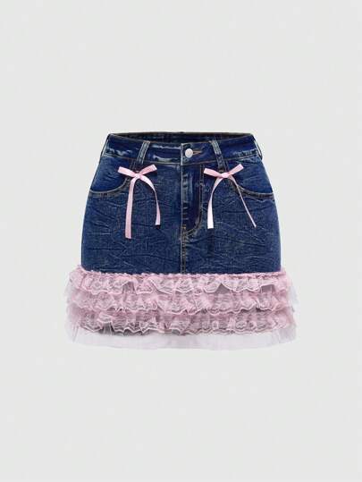 Kawaii Women's Sexy Cut Off Denim Mini Skirt With Cute Ribbon Bow Lace Trim, Low Waist