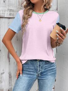 SHEIN LUNE Casual Colorblock Striped Loose Fit Round Neck Short Sleeve Plus Size Women T-Shirt, Summer Woman S Summer Clothes Tee Shirts For Women