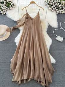 DreamSkyne 加大码花卉 3D 吊带连衣裙，休闲度假海滩优雅浪漫约会连衣裙 - 棕色 - 查看 2