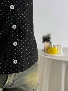Elamini Polka Dot Print Collared Slim Fit Short Sleeve Blouse For Women - Black - View 6