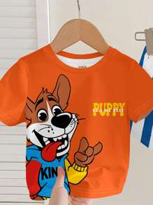 SHEIN 2 件套幼儿男童休闲可爱小狗卡通印花圆领短袖 T 恤和条纹小狗印花短裤套装，非常适合夏季 - 彩色 - 查看 5