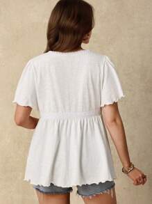 SHEIN Maternity V-Neck Ruffled Short Sleeve T-Shirt With Contrast Lace Summer Clothes - White - View 2