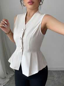 Elenzga Women's Sleeveless Elegant V-Neck Ruched Blouse, Spring/Summer - Apricot - View 3