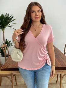 EMERY ROSE Camiseta casual de manga corta con pliegues de unicolor para mujer talla grande, nueva llegada de primavera/verano - Blanco - Ver 4