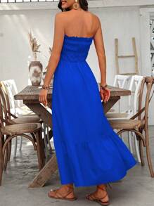 Breezaya 女士休闲露肩夏季假日连衣裙，带有简单的褶边装饰，长款女士服装 - 藍色 - 查看 2