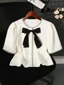 Chiquease Blusa de manga corta con moño y ribete de encaje en estilo francés elegante de Rafferiza, adecuada para primavera/verano/otoño/invierno, ropa de mujer para conciertos, elegante, vestidos de noche, apropiada para uso diario, commute, temporada de bodas/festivales de música