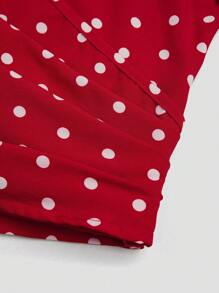 Sweetra Áo tay bồng chấm bi ngọt ngào thanh lịch cỡ lớn, mùa hè - Đỏ - Xem 5