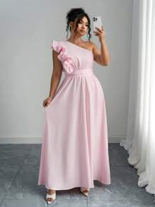 Elenzga Plus Size Women Elegant Asymmetric Floral Decor Shoulder High Cinched Waist Formal Occasion Long Dress, Pink, Spring/Summer - Pink - View 6