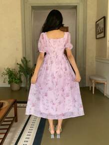 DAZY 女式花卉印花立领泡泡袖褶饰中长连衣裙