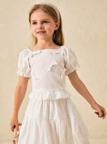 SHEIN Young Girls Elegant Cream Bow Decor Puff Sleeve Top And Mini Skirt Set - White - View 1