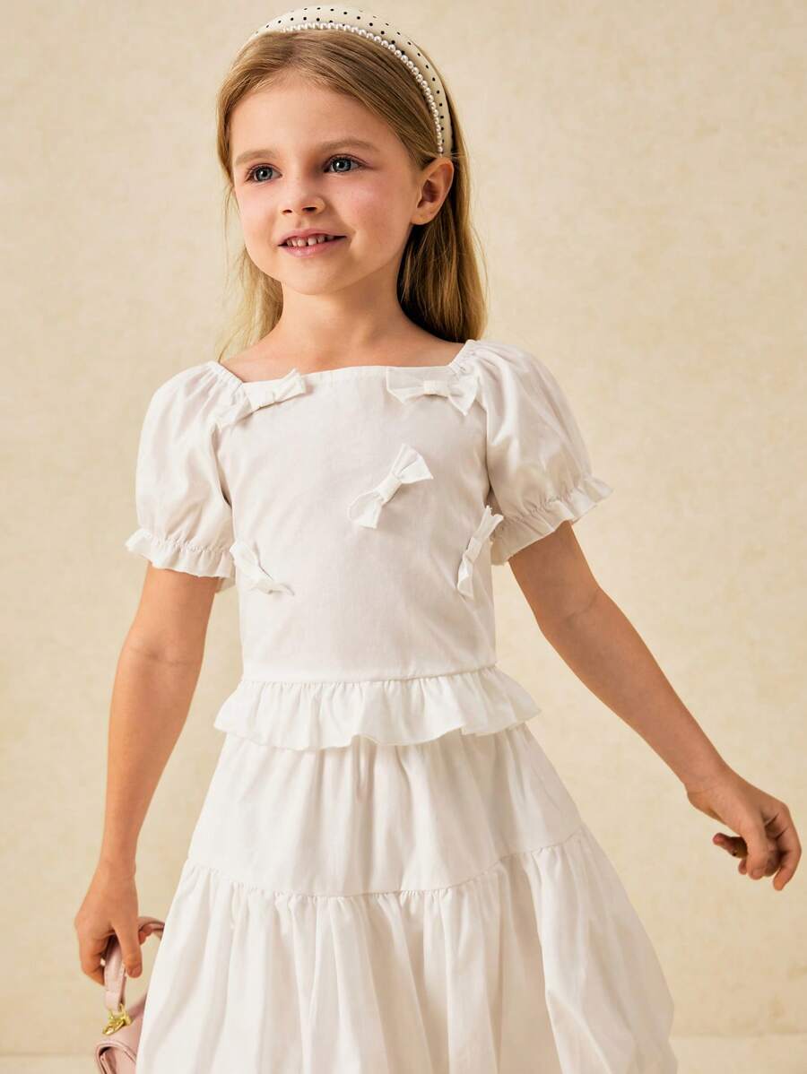 SHEIN Young Girls Elegant Cream Bow Decor Puff Sleeve Top And Mini Skirt Set - White - View 1
