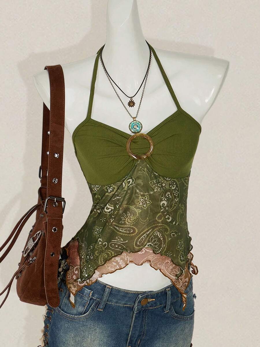 SHEIN ICON Áo ba lỗ in họa tiết Paisley dành cho nữ có cổ buộc và viền bất đối xứng - Nhiều màu - Xem 1