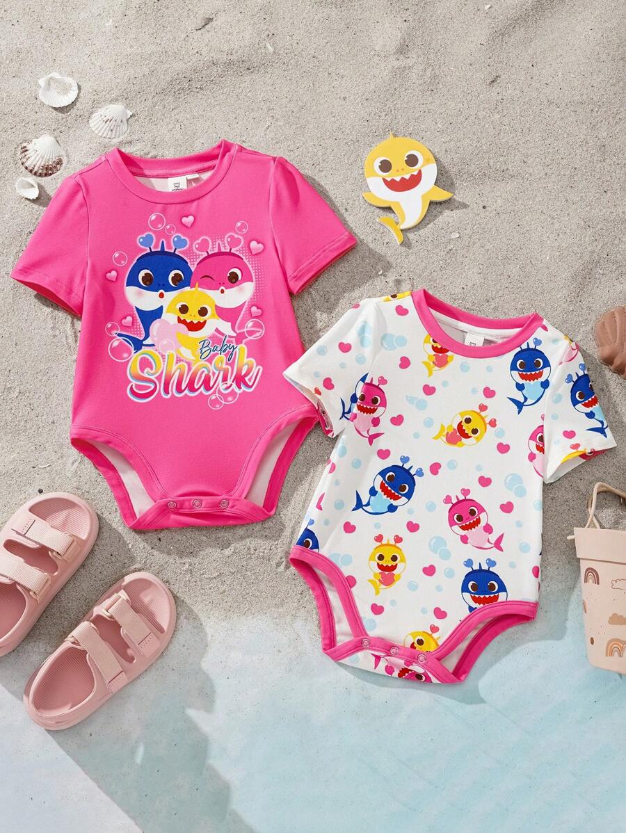 BABY SHARK X SHEIN 2pcs Baby Girl Cartoon Shark & Bubble Print Sweet Bodysuits, Summer - Pink - View 1