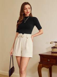 Vintamour Pantalones cortos elegantes y retro para mujer, de cintura alta con cordón, sueltos y con bolsillos, blancos, con botón de decoración metálica, para primavera/verano