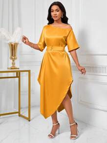 SHEIN Unity Damen Kleid aus Satin mit asymmetrischem Ausschnitt-Design, Taille-Raffung und asymmetrischem Saum - Gelb - Übersicht 3