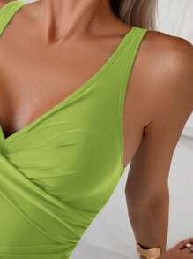 Swim Basics 1pc Women's Solid Color Cross Wrap One-Piece Swimsuit, Suitable For Summer Beach - Green - View 5